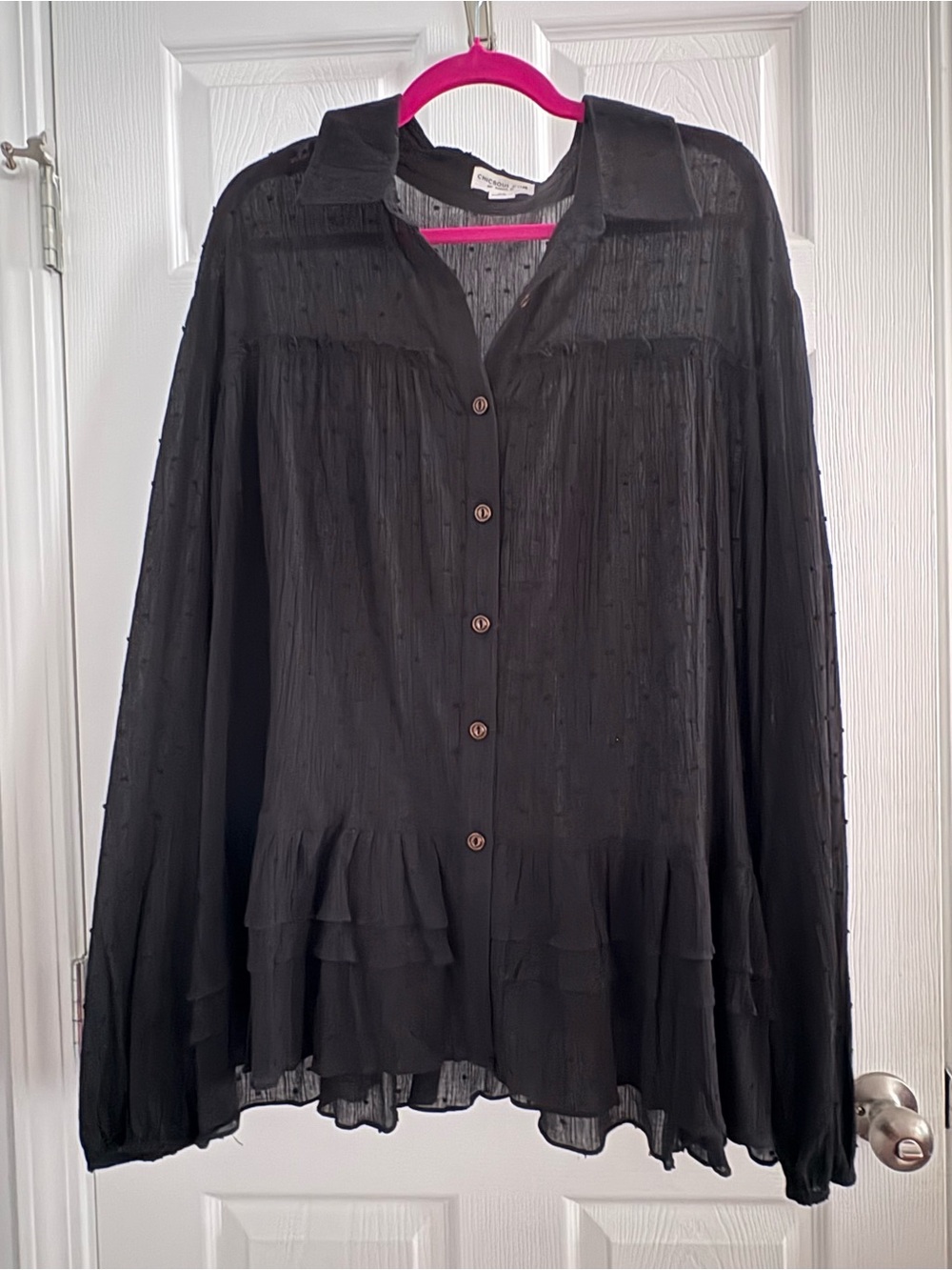 Chic Soul Black Semi-Sheer Ruffled Button-Front Blouse